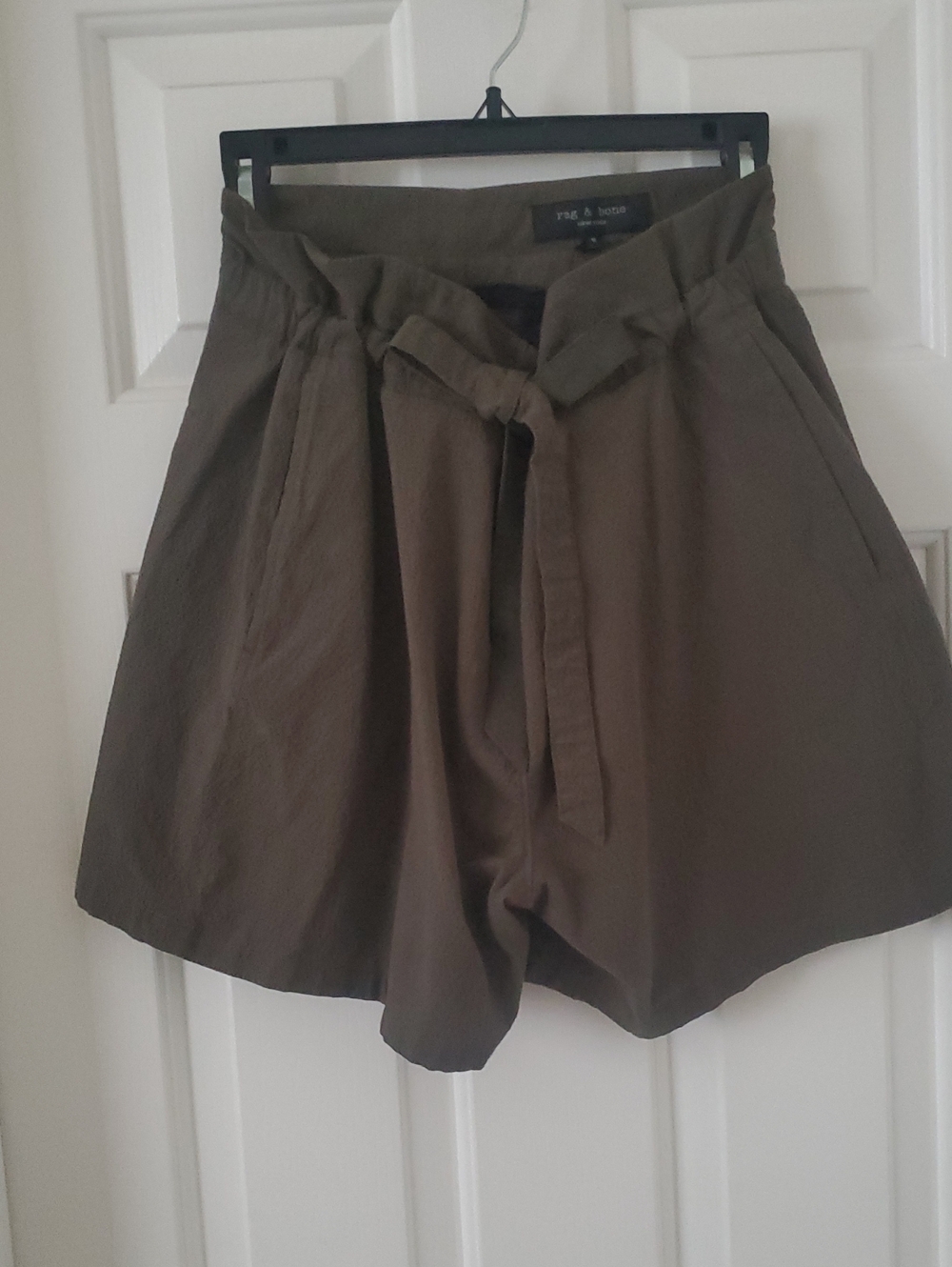 Rag & bone Olive Green High-Waist Paperbag Shorts with Tie